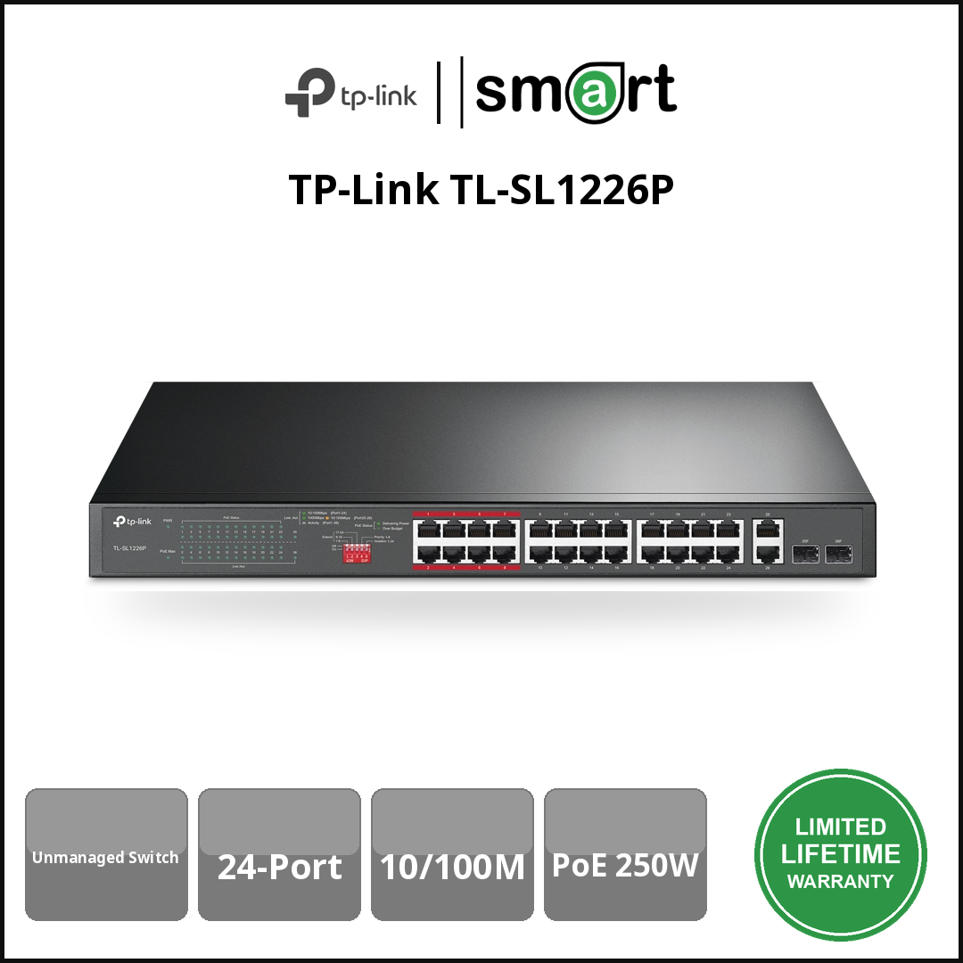 TP-Link TL-SL1226P - 24Port 10/100M PoE+, 250W + 2 Gb Non-PoE