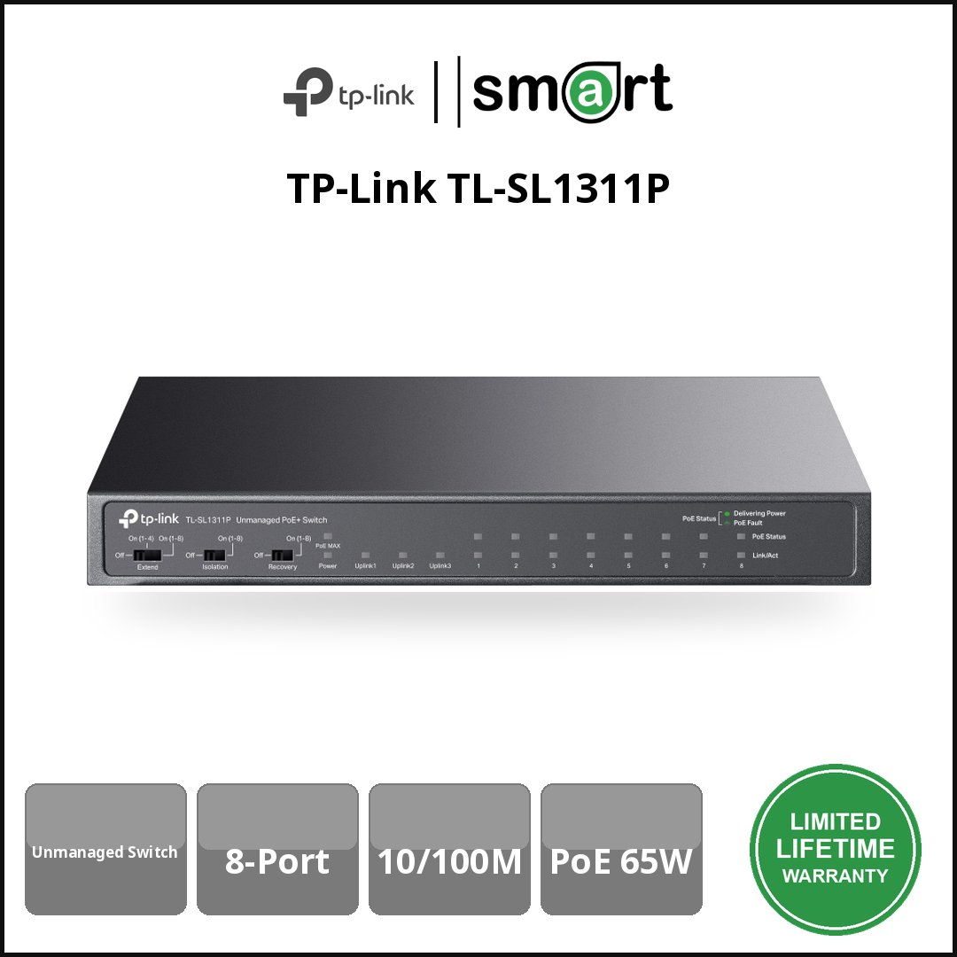 TP-Link TL-SL1311P - 8Port 10/100M PoE+, 65W + 3 Gb Non-PoE
